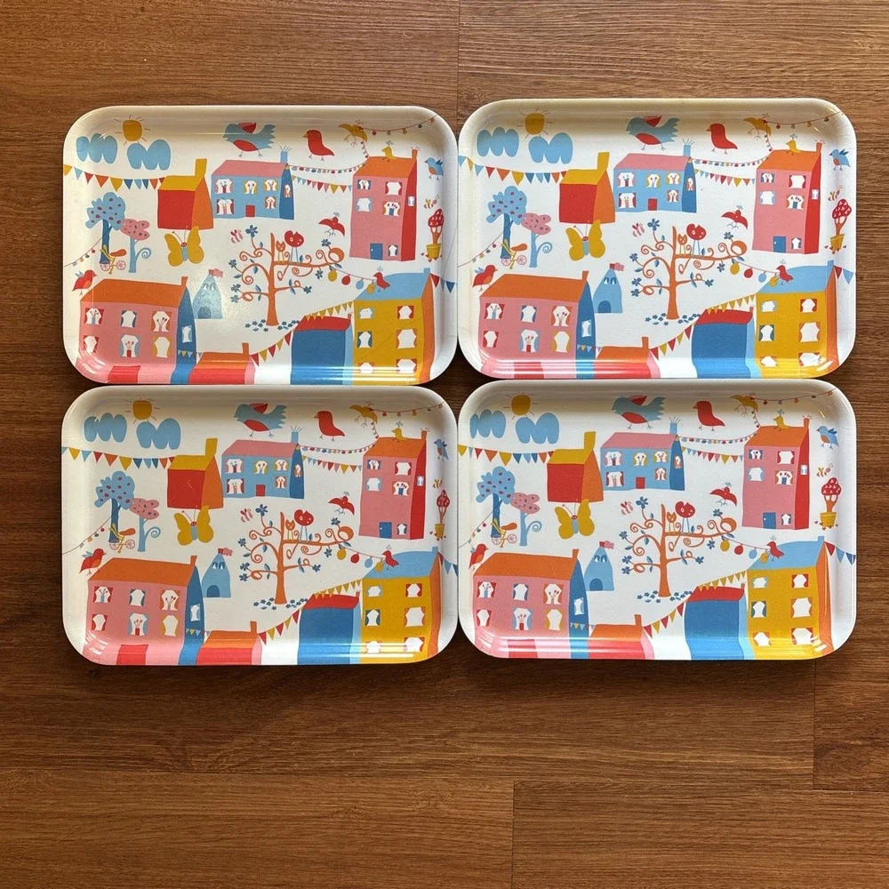 IKEA Set of 4 Colorful Melamine Serving Trays Birds Houses Scandinavian Design